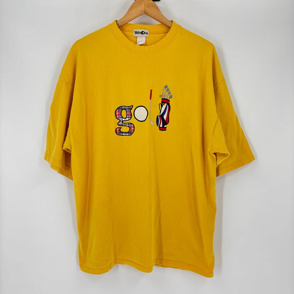 Vintage Golf T Shirt Size XL Men’s Yellow Embroidered Spellout USA 90’s Winona